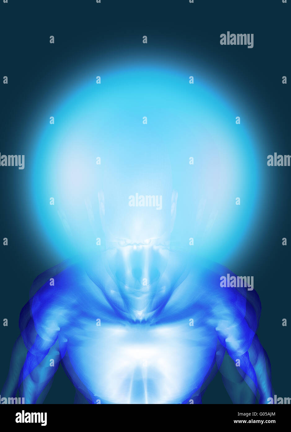 Blue alien with glowing head Stock Photo
