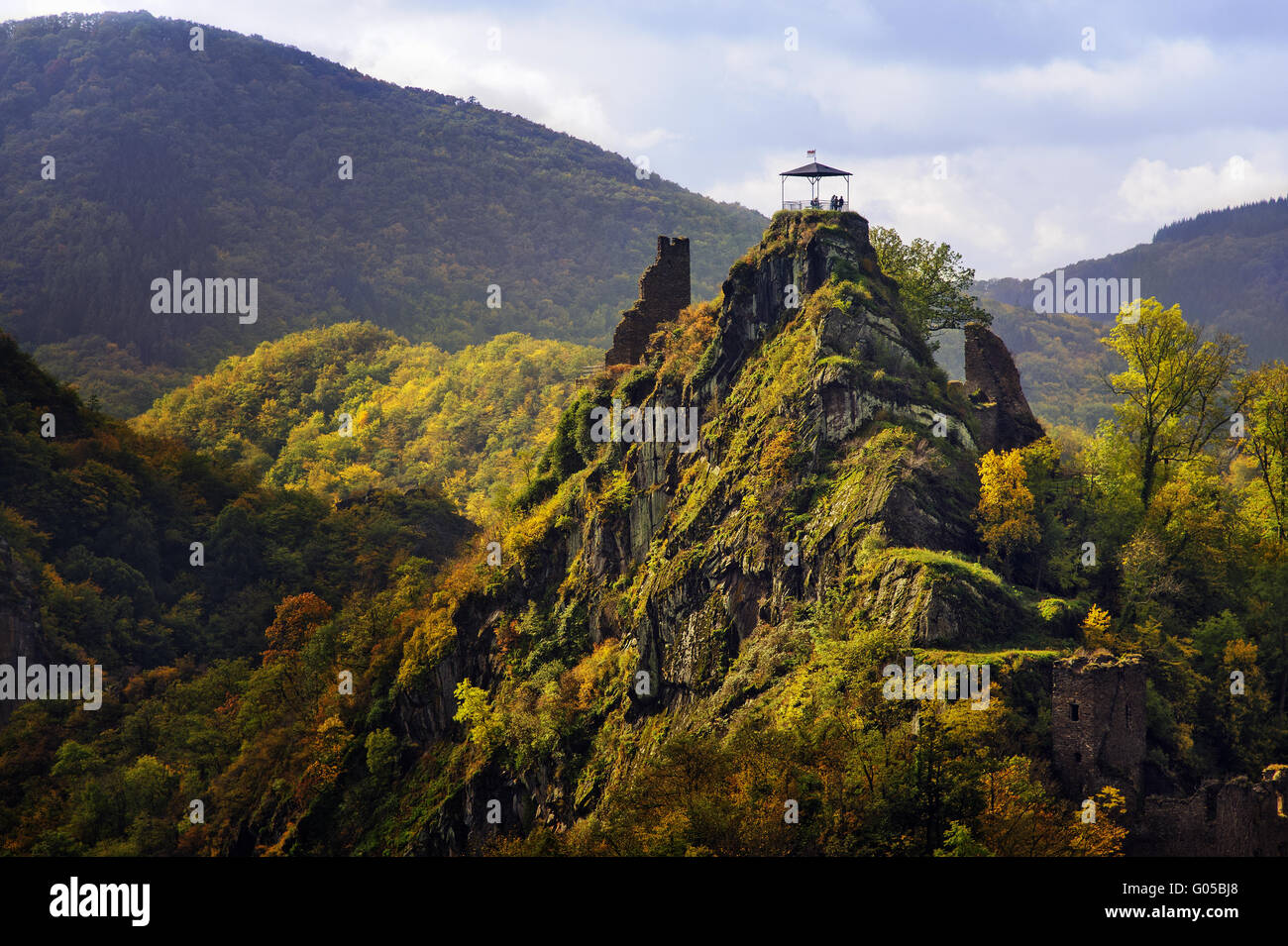 Are castle on a cliff overlooking the village of A Stock Photo