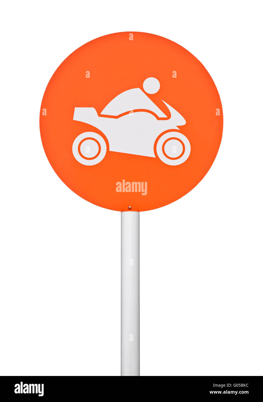 orange motorbike sign on post pole (isolated on white background) Stock Photo