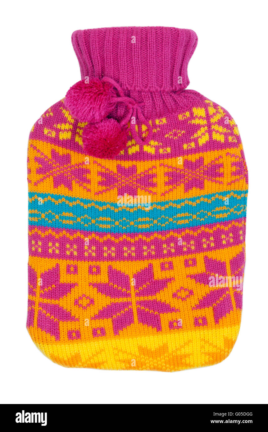 rubber hot water bottle in a knitted cover color Stock Photo Alamy