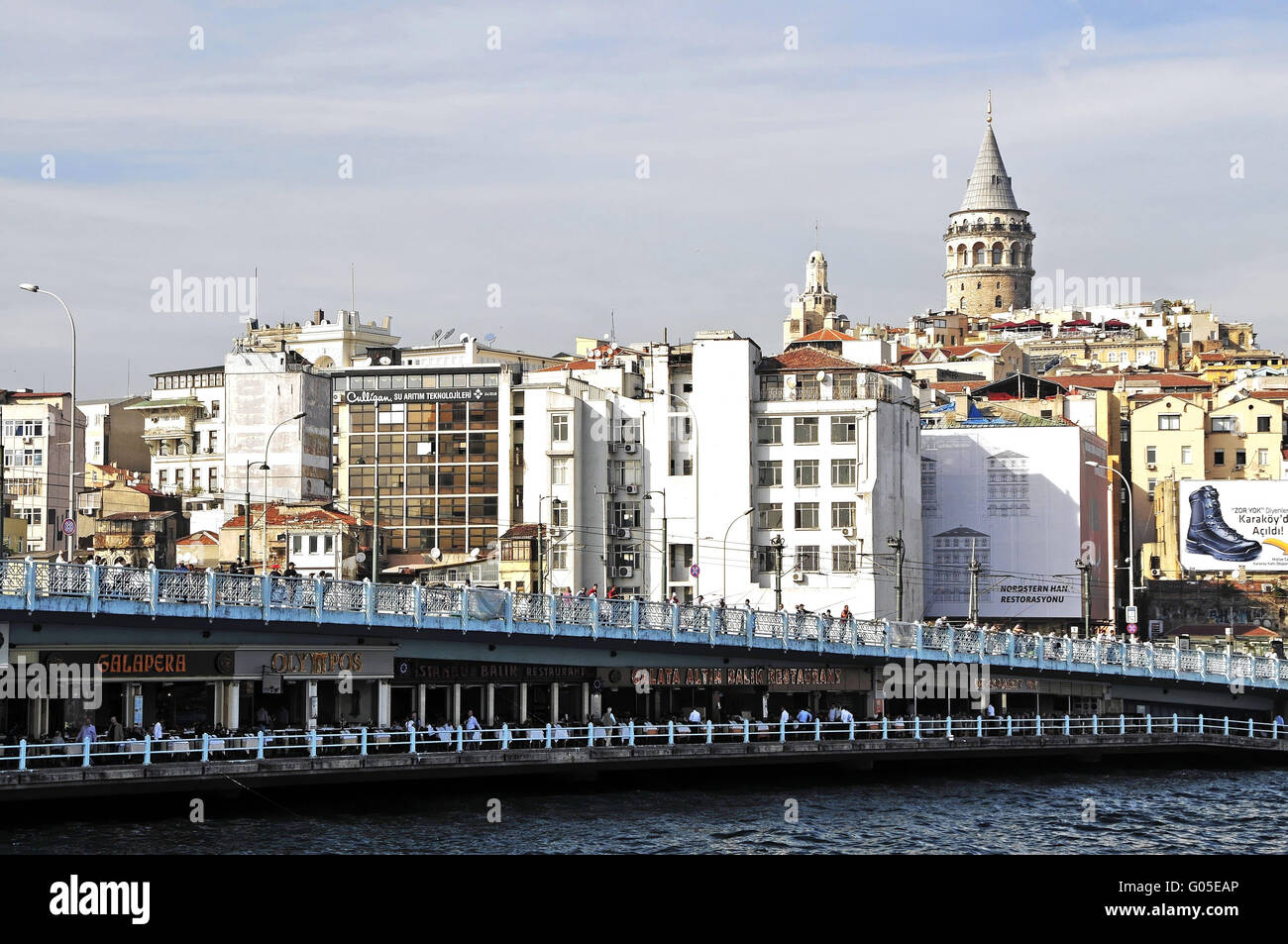 View of the Galata Bridge with the Galata Tower Stock Photo