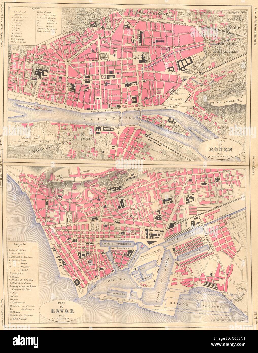 SEINE-MARITIME: Plan de Rouen; Le Havre, 1883 antique map Stock Photo