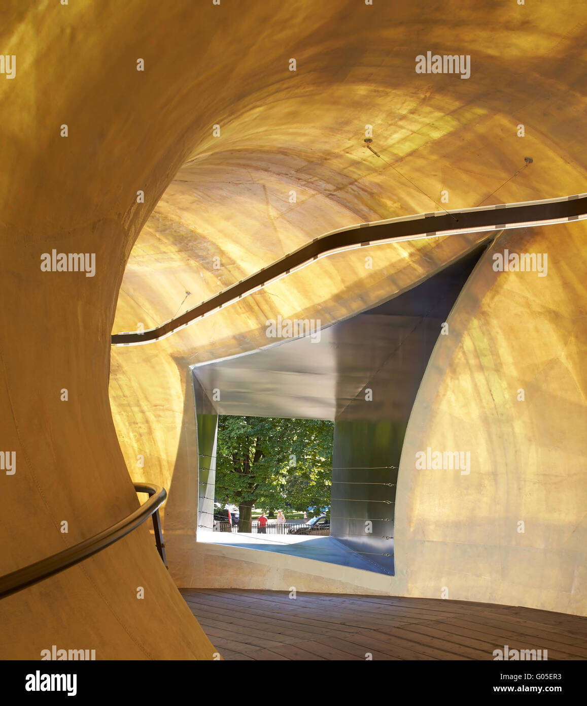 Interior corridor with window void towards park. Serpentine Summer Pavilion 2014, London, United Kingdom. Architect: Smiljan Radic, 2014. Stock Photo
