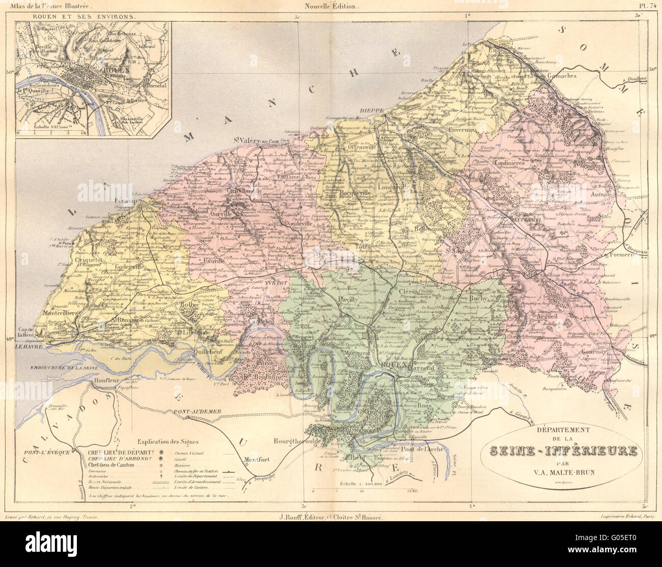FRANCE: Departement de Seine-Inferieure; Rouen, 1883 antique map Stock Photo