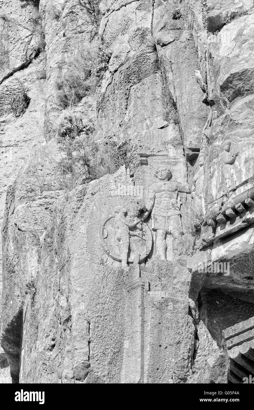Relief cliff tombs Myra Turkey black and white Stock Photo