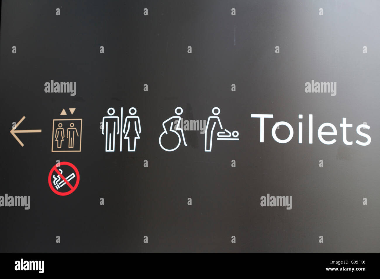 Wayfinding direction sign - Toilets, Lifts, Baby Changing & Accessible Toilets Stock Photo