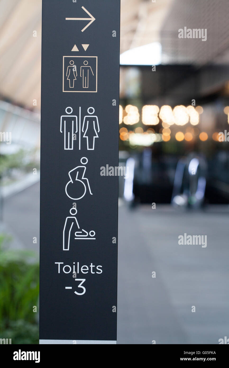 Wayfinding direction sign - Toilets, Lifts, Baby Changing & Accessible Toilets Stock Photo