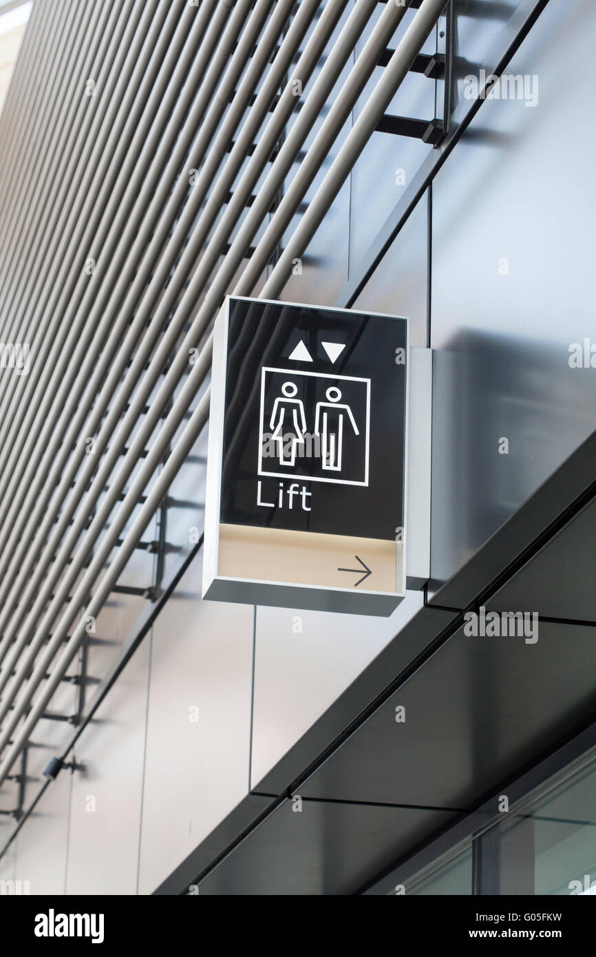 Lift sign in Crossrail Station at Canary Wharf Stock Photo