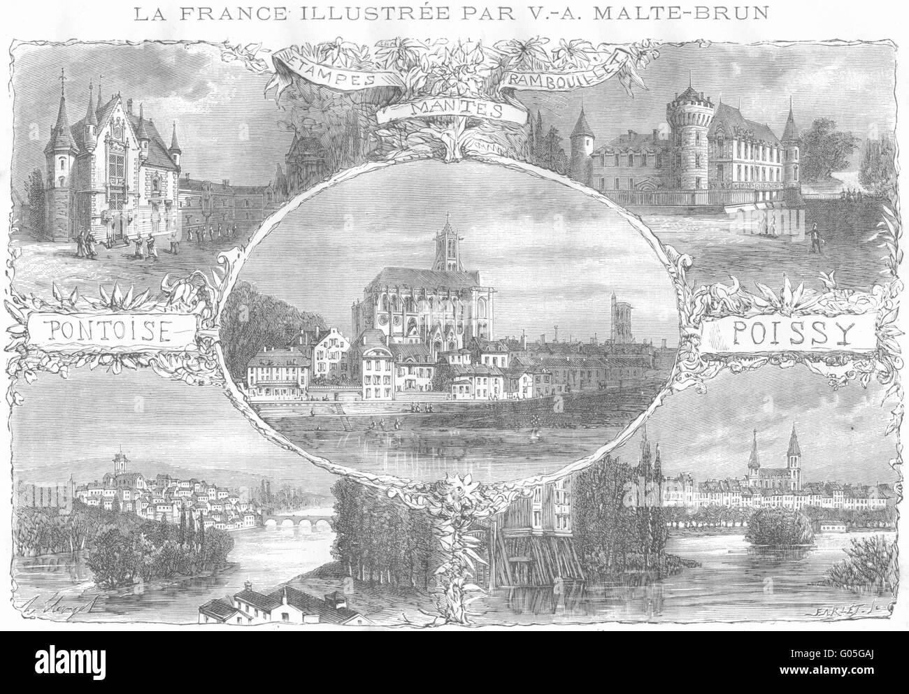RAMBOUILLET: Etampes; Mantes; Pontoise; Poissy, antique print 1883 Stock Photo