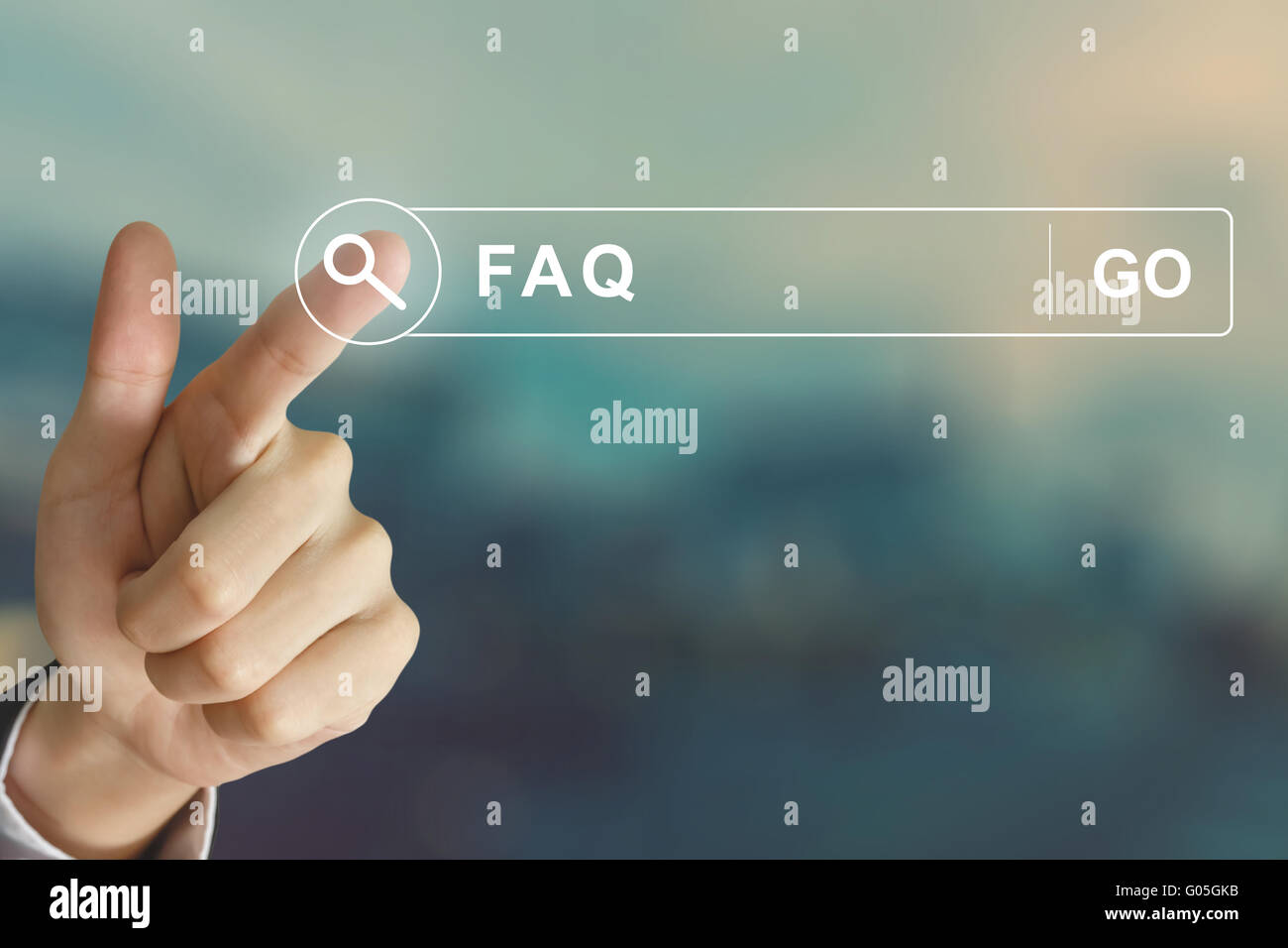 business hand clicking FAQ or Frequently asked questions button on search toolbar with vintage style effect Stock Photo