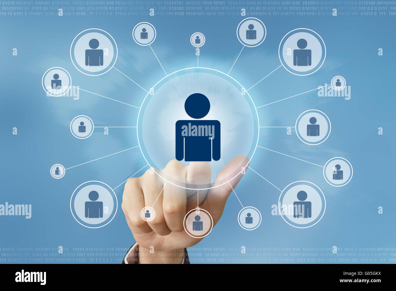 business hand pushing people button with global networking concept