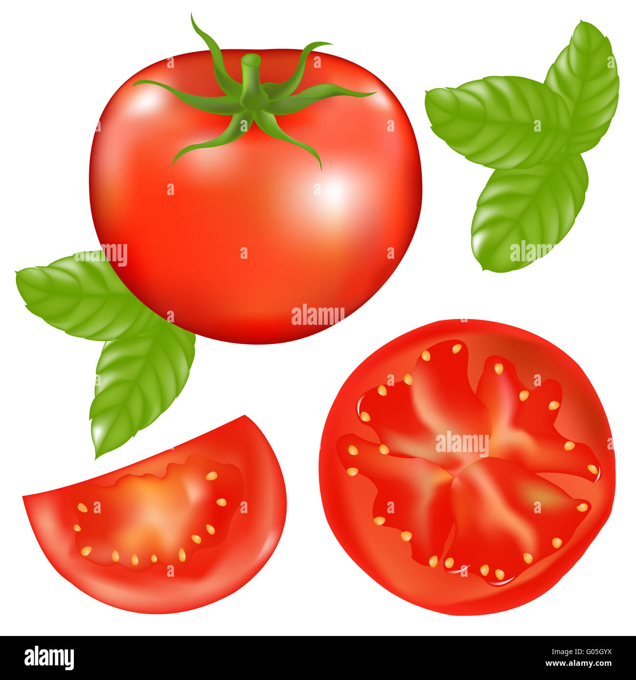 Tomato With Slices Of Tomato And Basil Leaves Stock Photo - Alamy