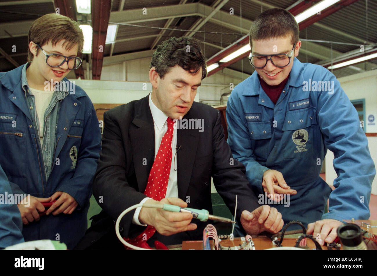 Gordon Brown campaigns in Rosyth Shipyard Fife during Election Campaign 1997 Stock Photo