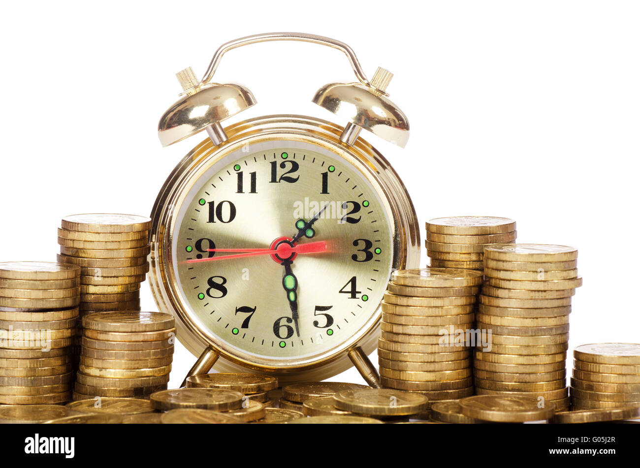 Alarm clock and money isolated on white background Stock Photo