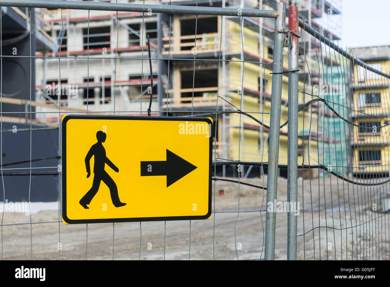 Pedestrian sign sidewalk construction hi-res stock