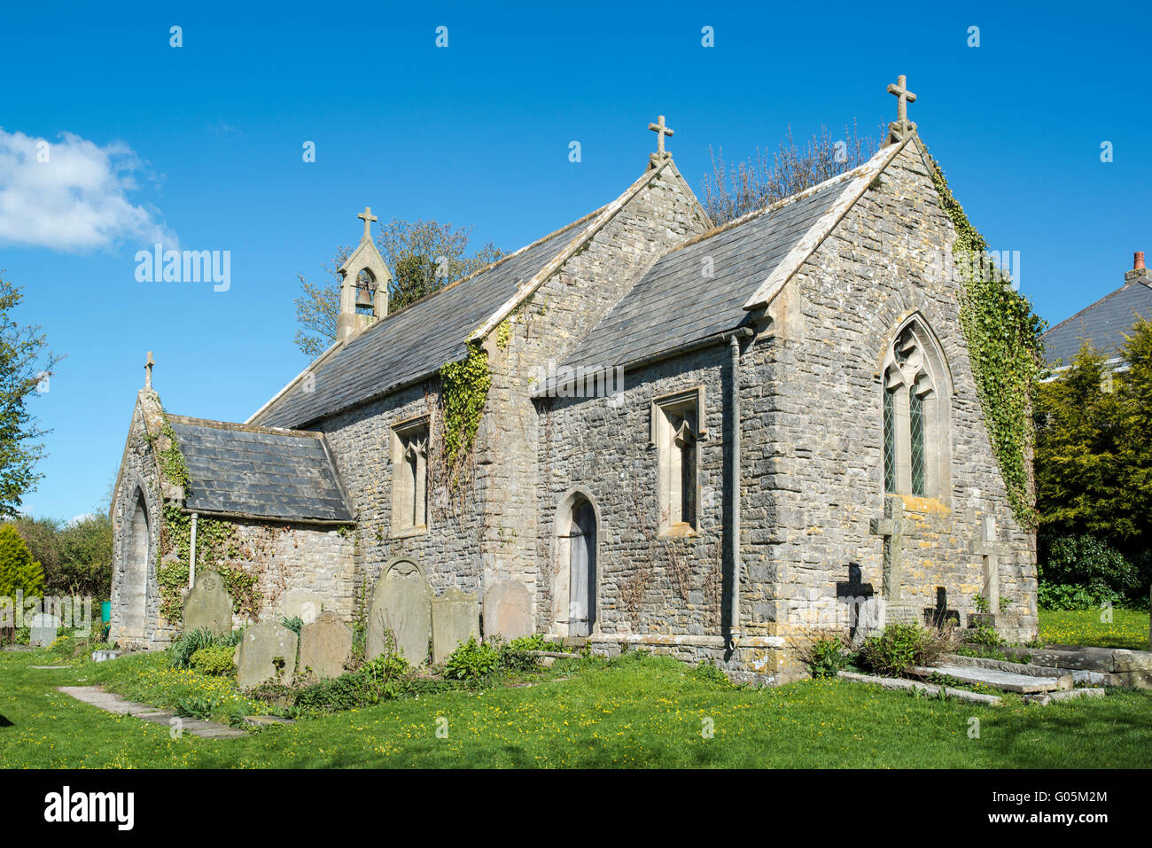 Stone church with a single bell at Lavernock, South Wales. Stock Photo