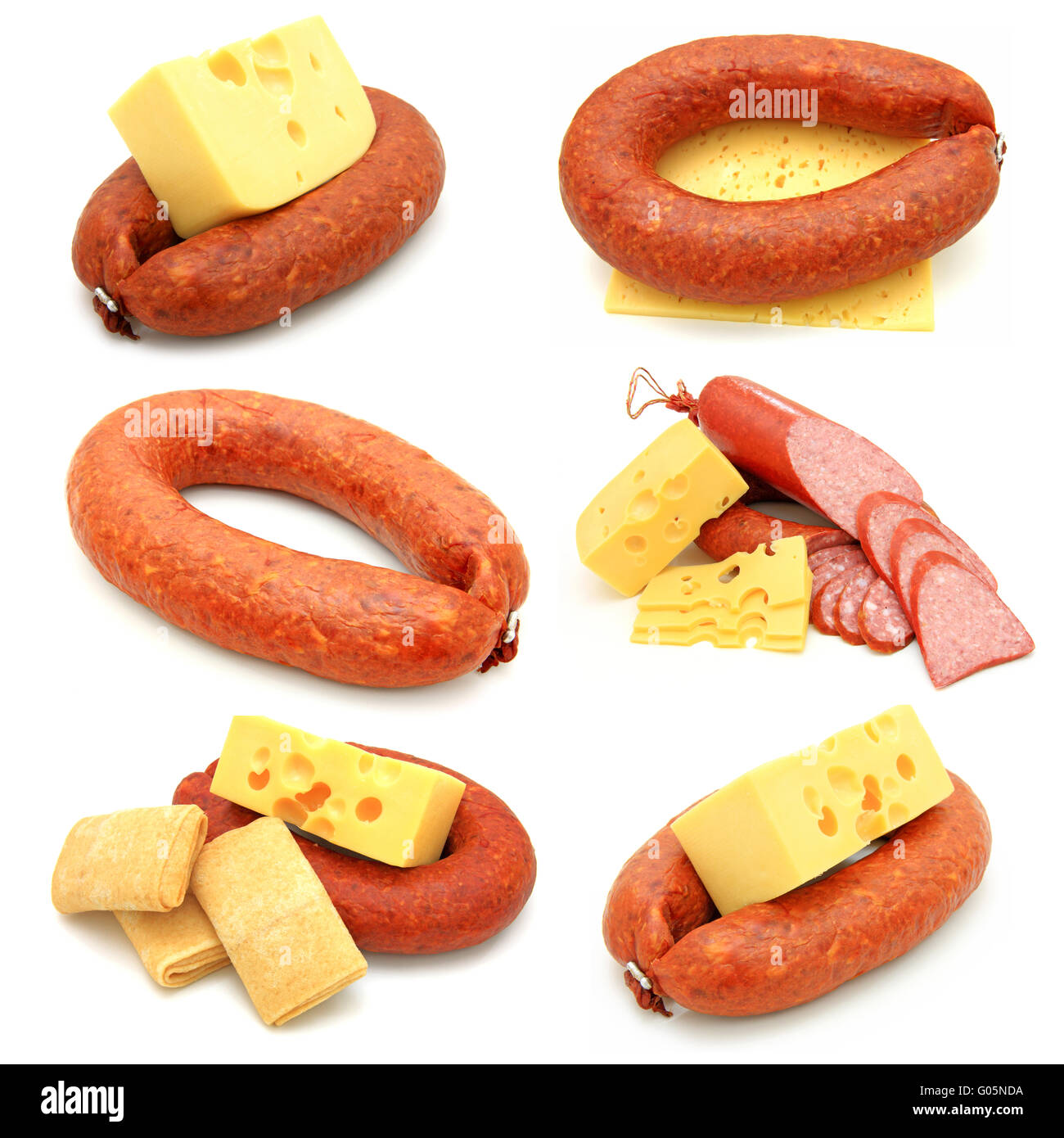 sausage and cheese collection isolated on white background Stock Photo