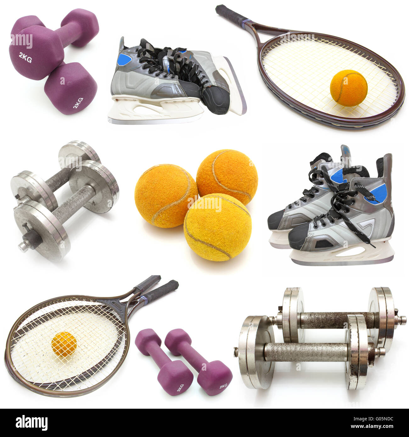 sports equipment collage. Isolated on white background. Stock Photo