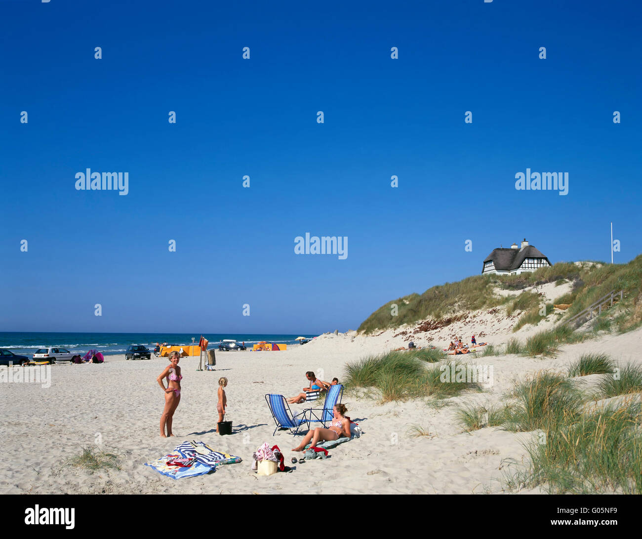 Loekken, beach and holiday house in the dunes,  northern Jutland, Denmark, Scandinavia, Europe Stock Photo