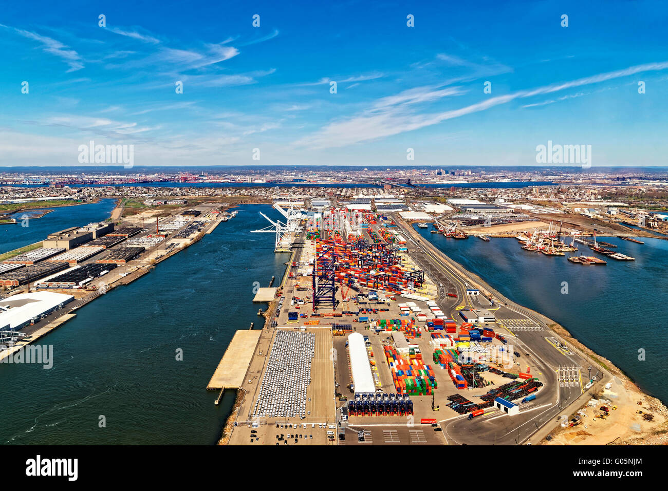 Aerial view of Global Container terminals in Bayonne, New Jersey, USA. GCT is the terminal in the harbor servicing large vessels and cargo. Stock Photo