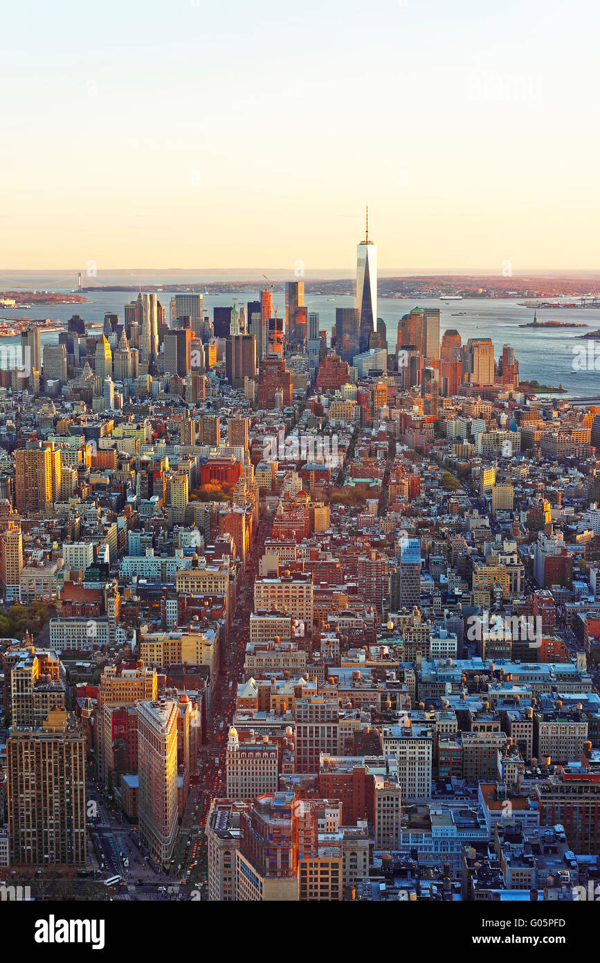 Aerial view on Downtown and Upper New York Bay, USA. Downtown Manhattan, Lower Manhattan and New Jersey are on the background. Stock Photo