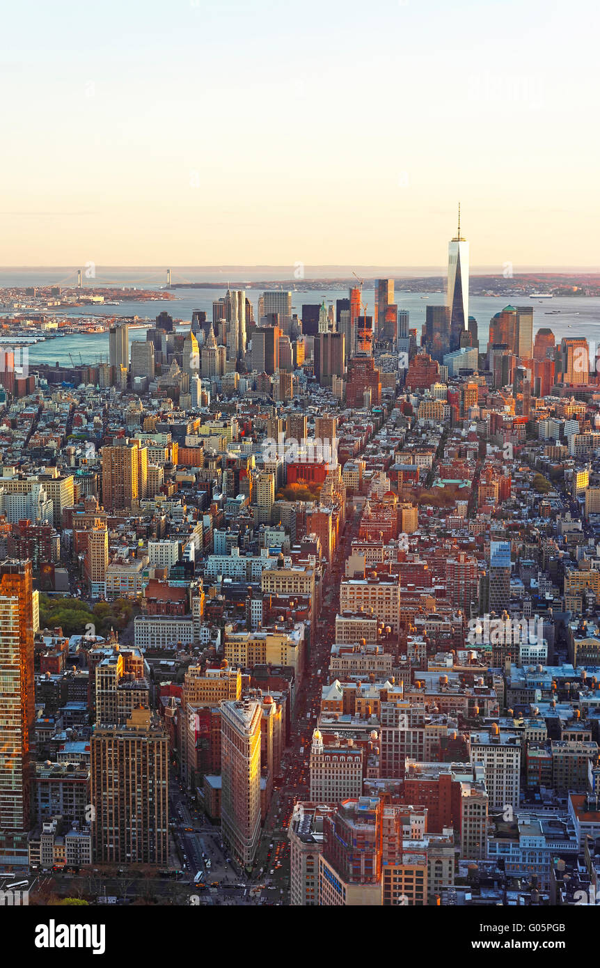 Aerial view on Downtown Manhattan, New York, USA. Lower Manhattan and Brooklyn Heights are on the background. Stock Photo