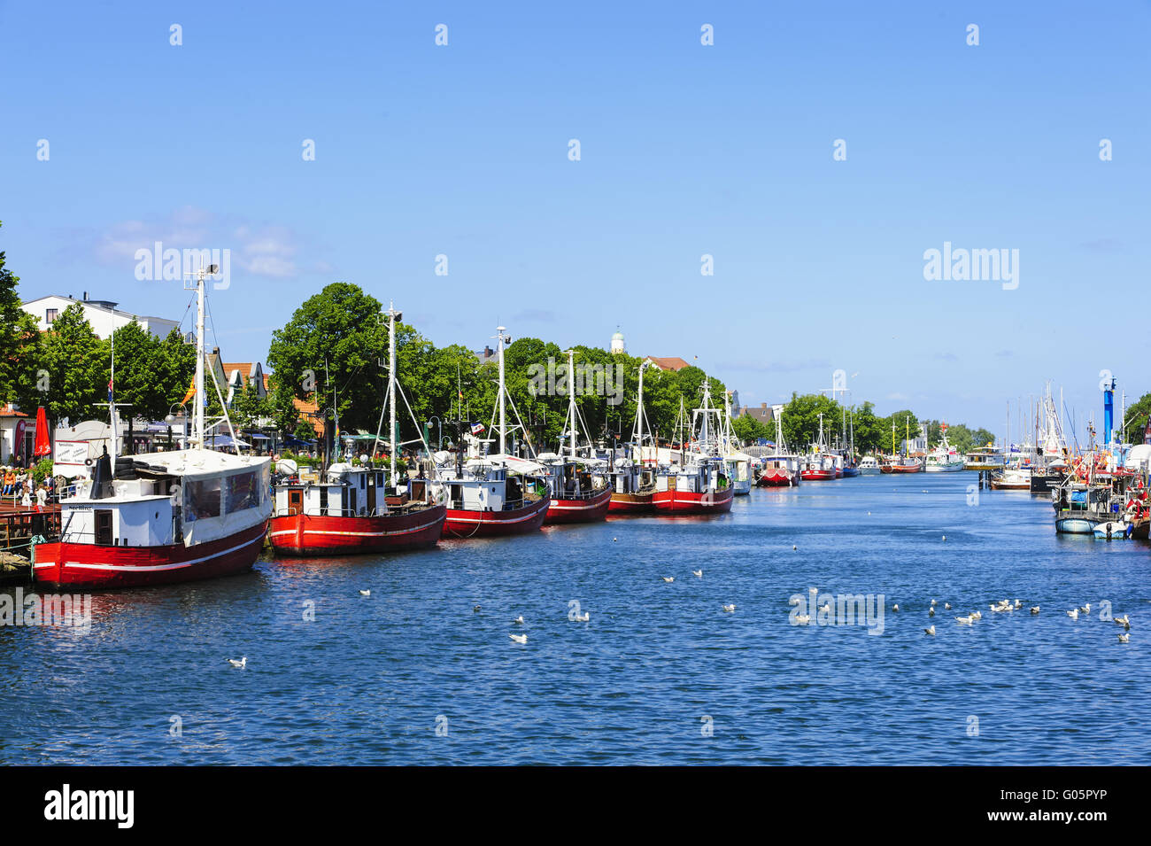 West bank of the river in the Old Warnemünde Stock Photo