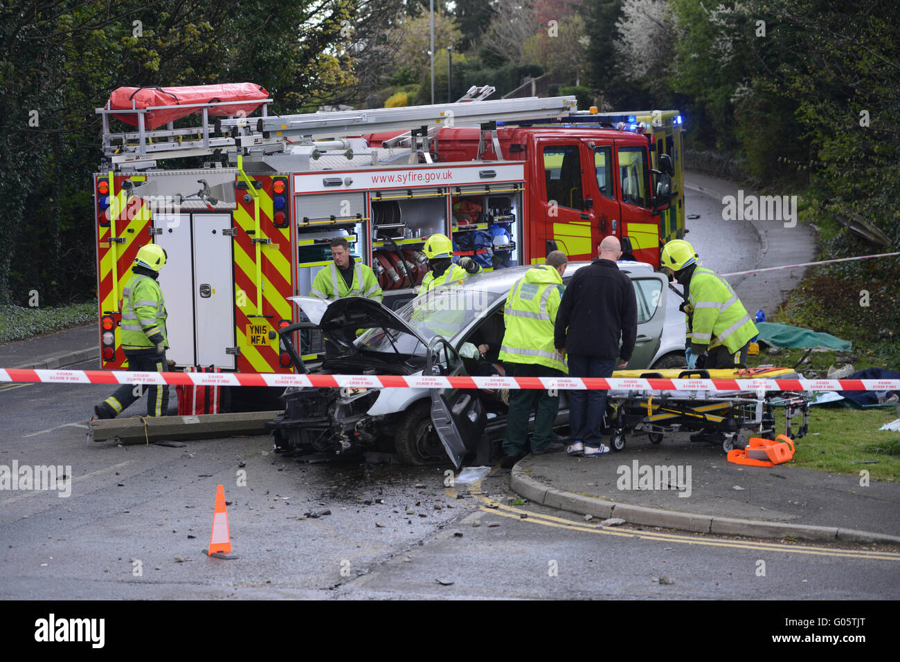 Emergency services at the scene of a car crash. Stock Photo