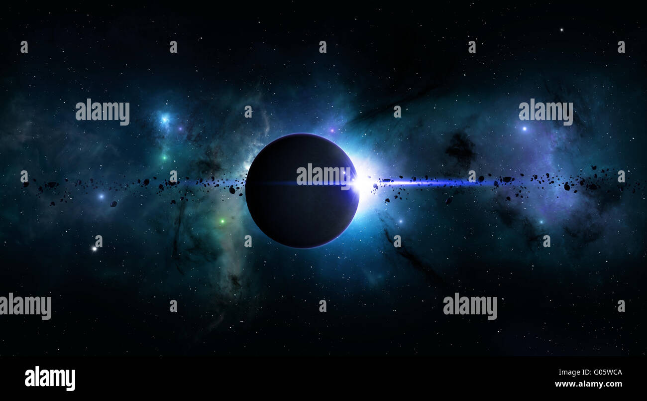 imaginary deep space eclipse with nebula stars and asteroids Stock Photo