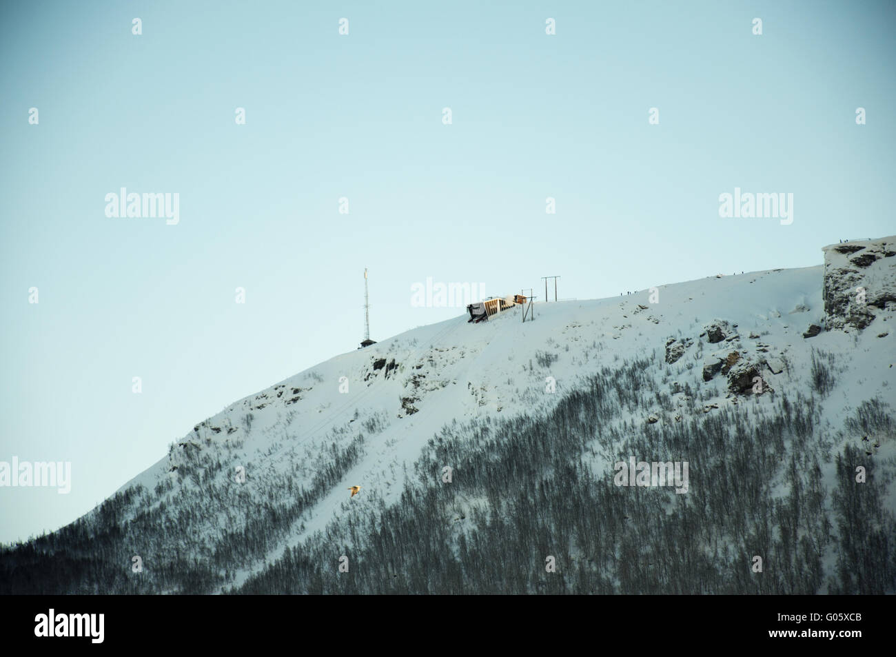View on hill with cable car station in Tromso Norway Stock Photo