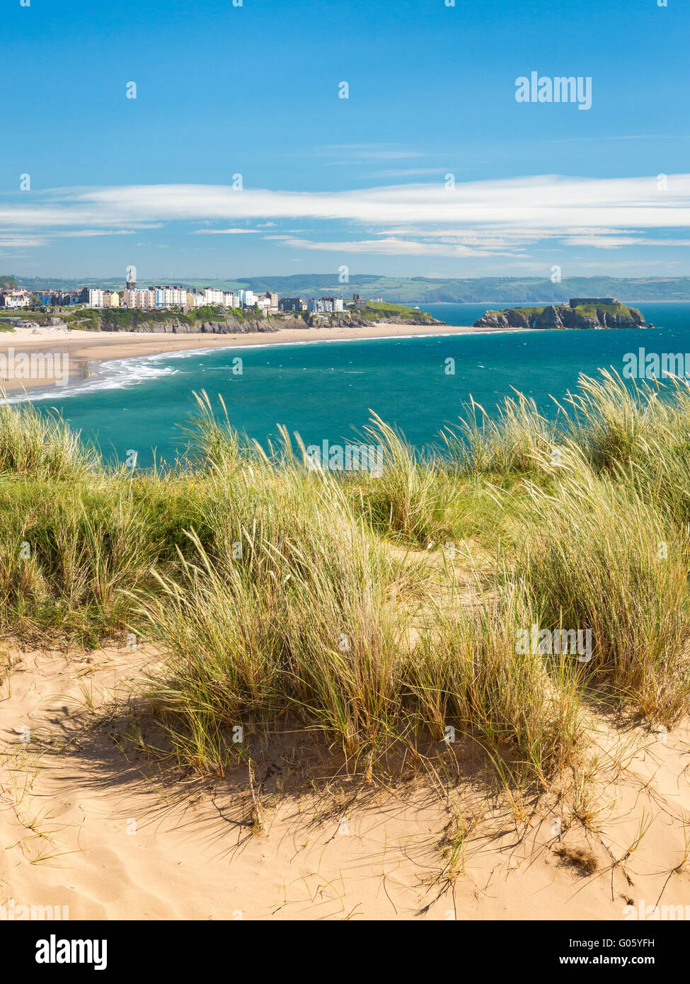 Tenby south beach from Giltar Head dunes - Pembrokeshire Stock Photo