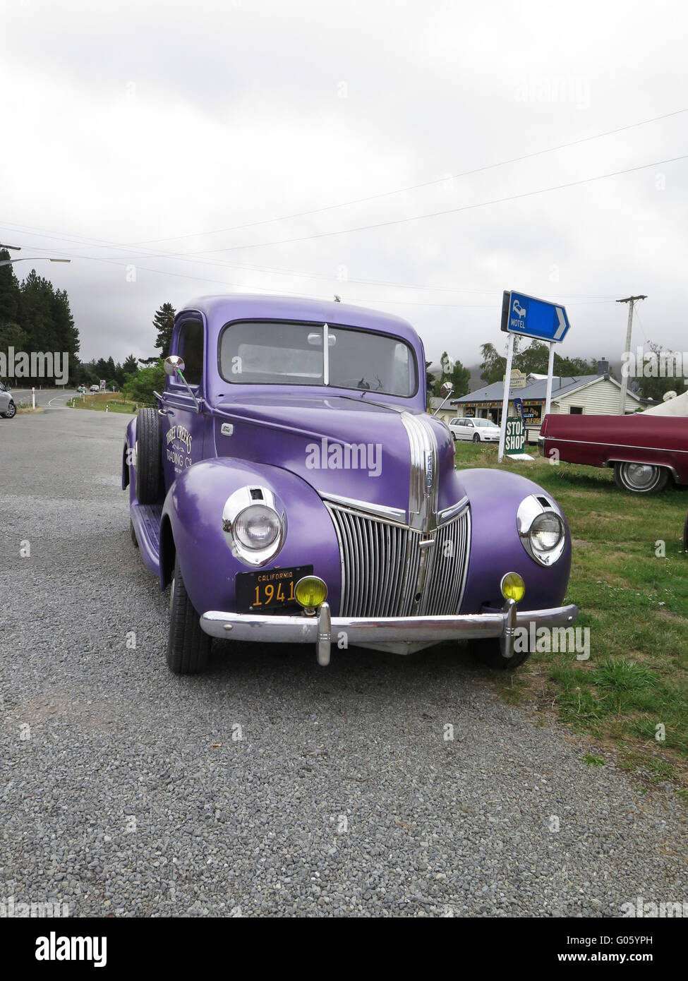 Vintage Ford car at Three Creeks Service Station South Island, New Zealand Stock Photo