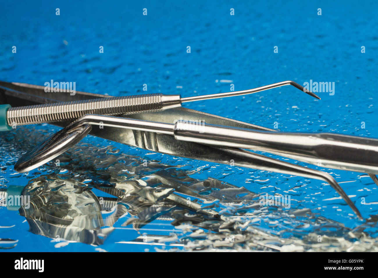 cutlery dentist mirror probe tweezers Stock Photo