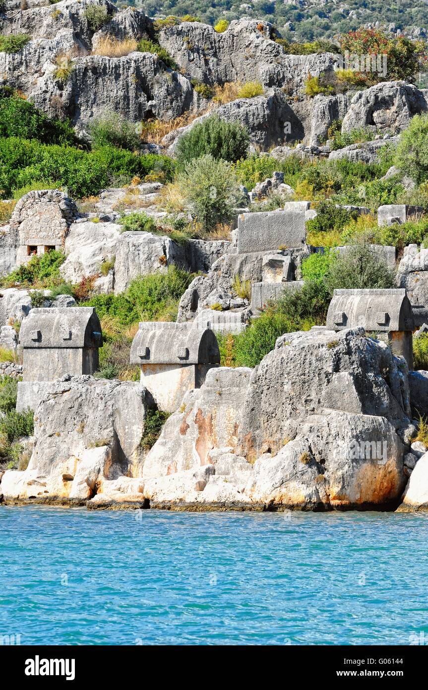 Sarcophagi on the Lycian coast in Turkey Kale Stock Photo