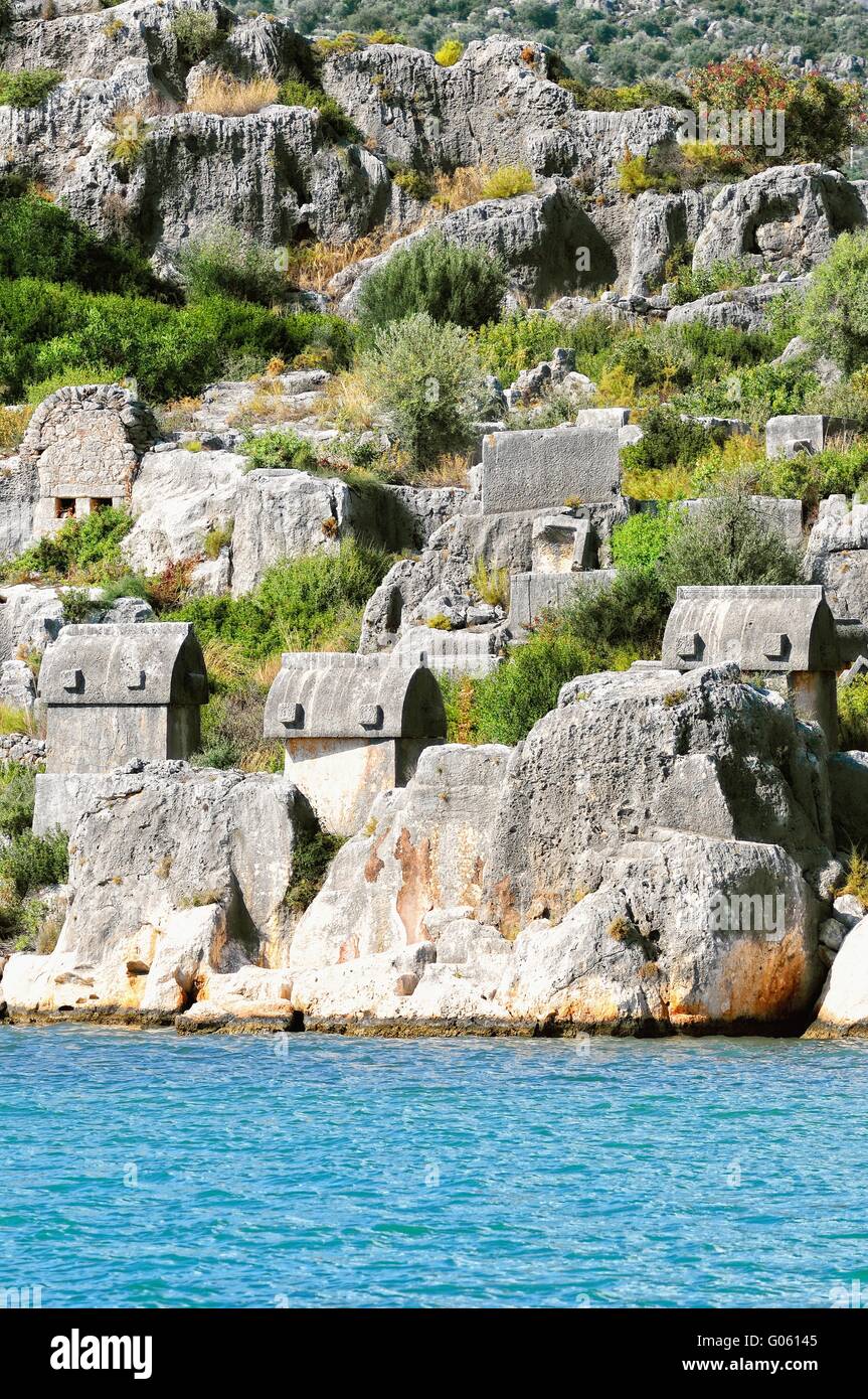 Sarcophagi on the Lycian coast in Turkey Kale soft Stock Photo