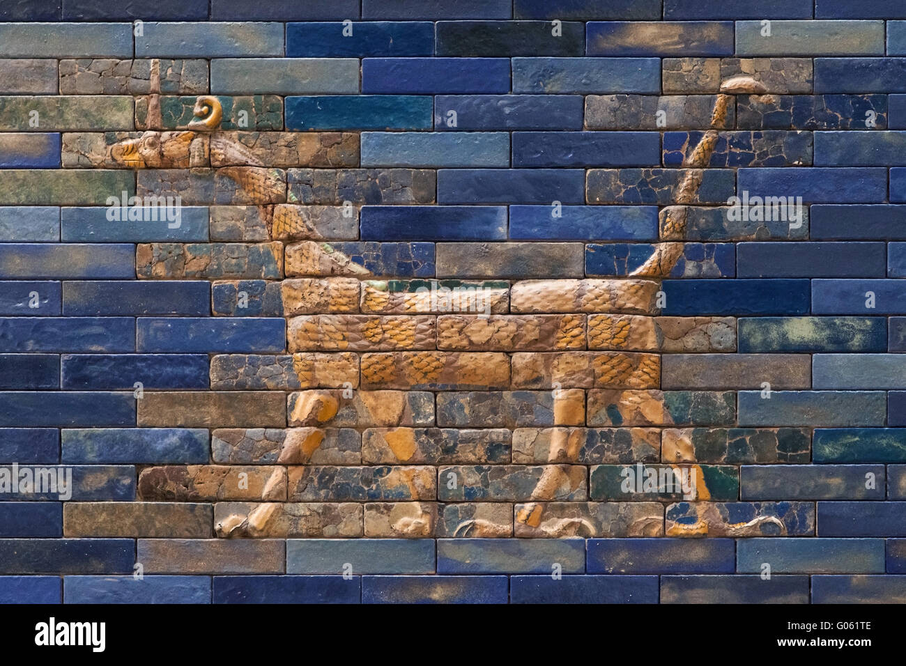 Mosaic of a Dragon on the Ishtar Gate, Berlin, Germany. Stock Photo