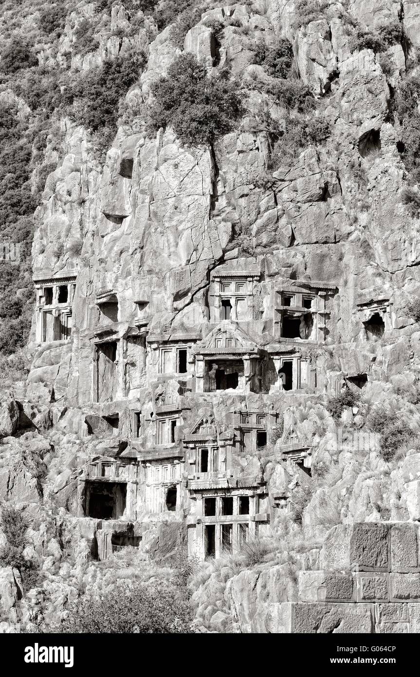 Myra Rock Tombs with bricks black and white Turkey Stock Photo