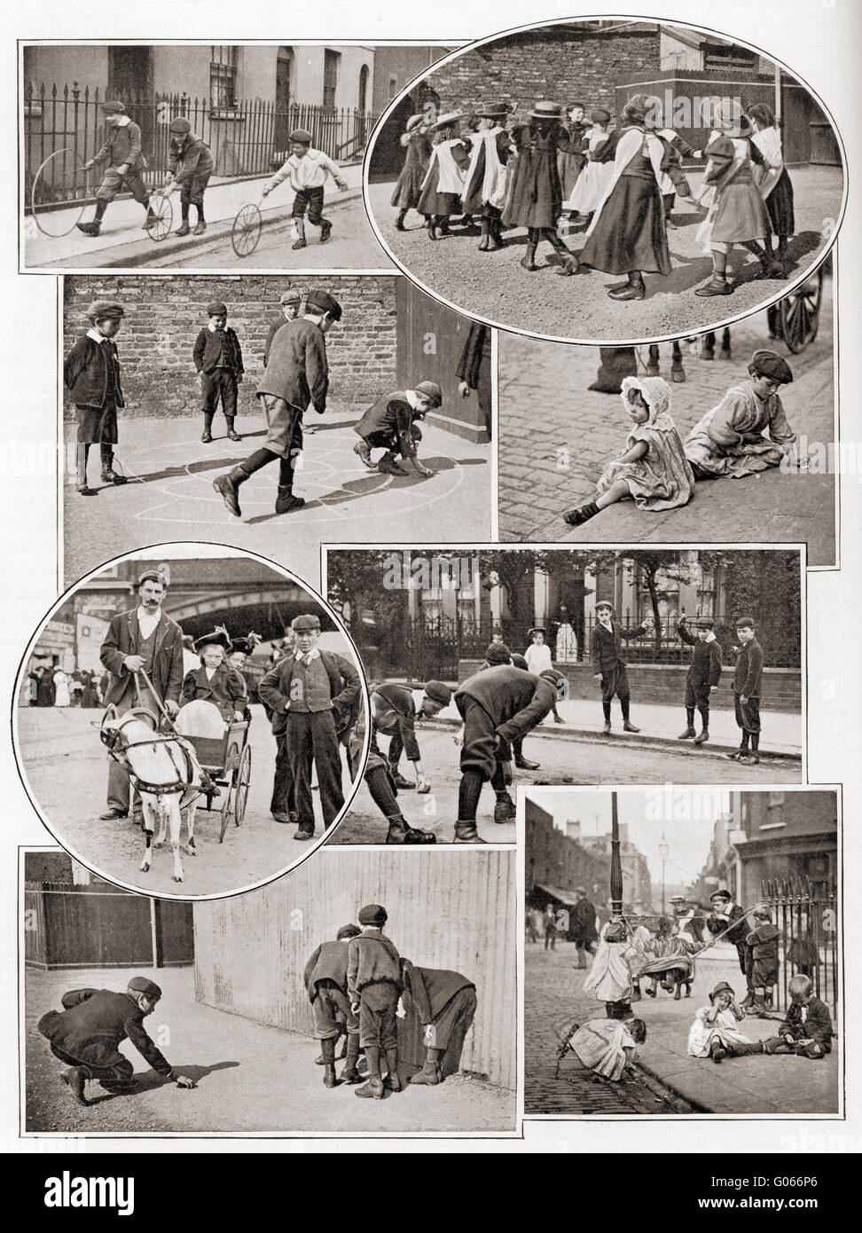 Children's games in the early 20th century, from top left, 1. Wheels and hoop  2. Kiss-in-the-ring  3.  Spider's Web   4.  Five Stones  5.  Goat-shay 6.  Gully 7.  Cherry-bobs  8.  Swinging. Stock Photo