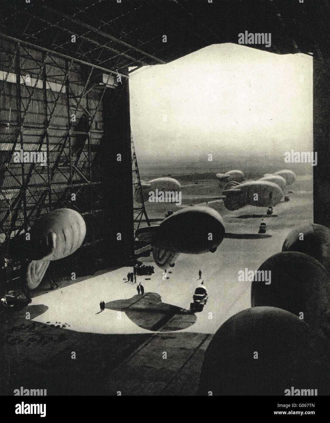 Barrage Balloons being put to bed in a Hangar WW2 Stock Photo