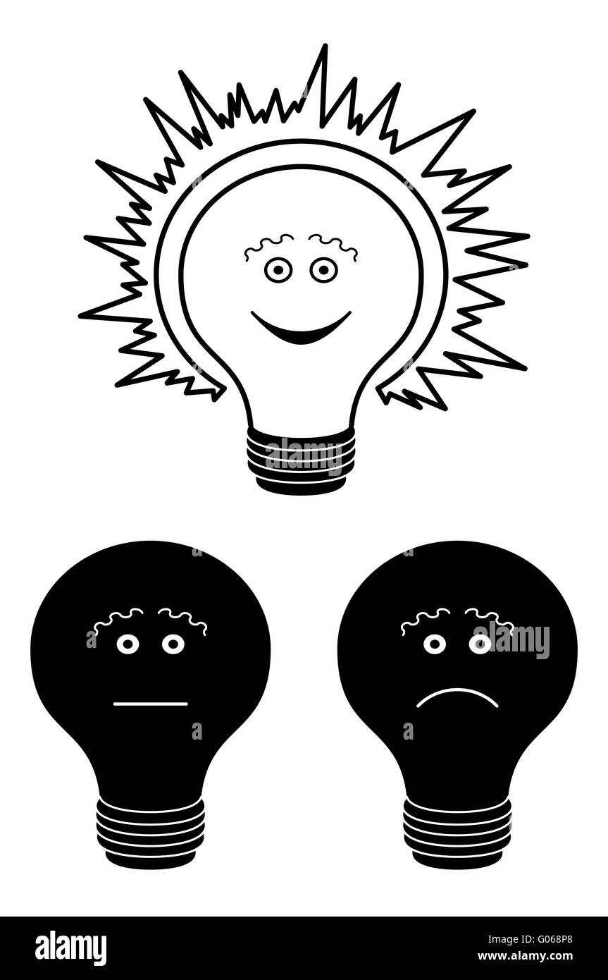 Set of electric bulbs, bright on top, outline Stock Photo