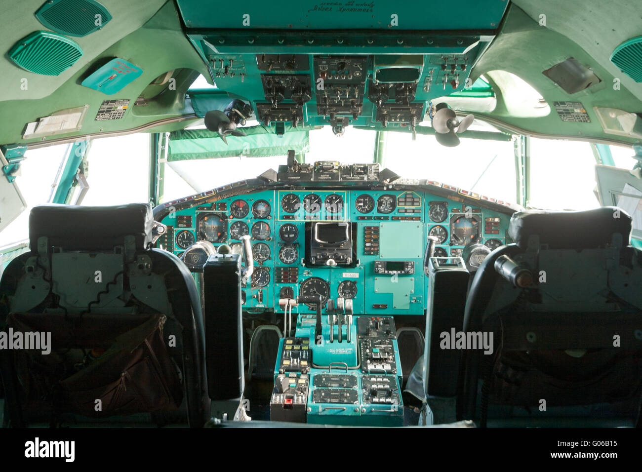 Cabin of the pilot of the passenger plane inside Stock Photo