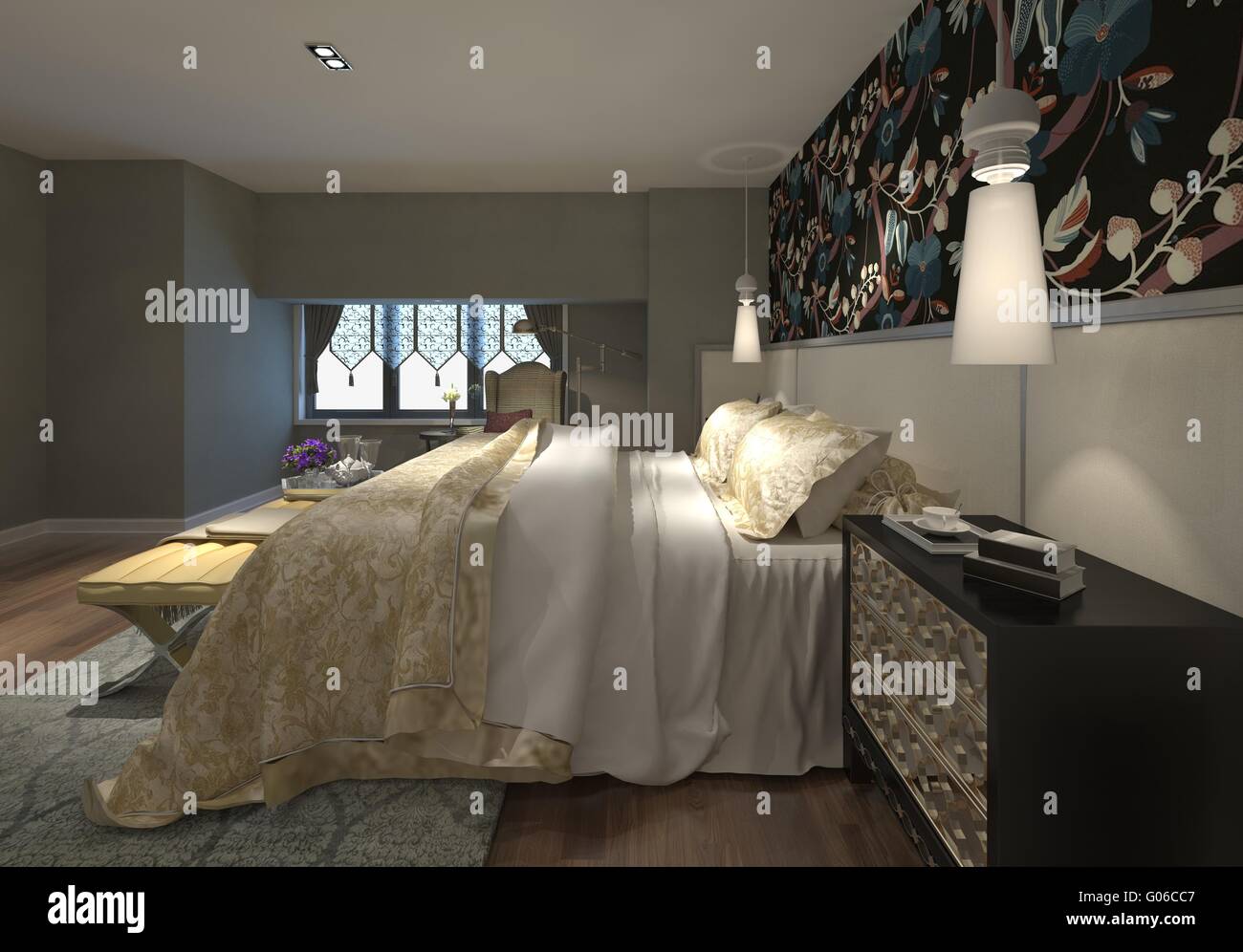 View of Bedroom Interior 3D Illustration Stock Photo - Alamy