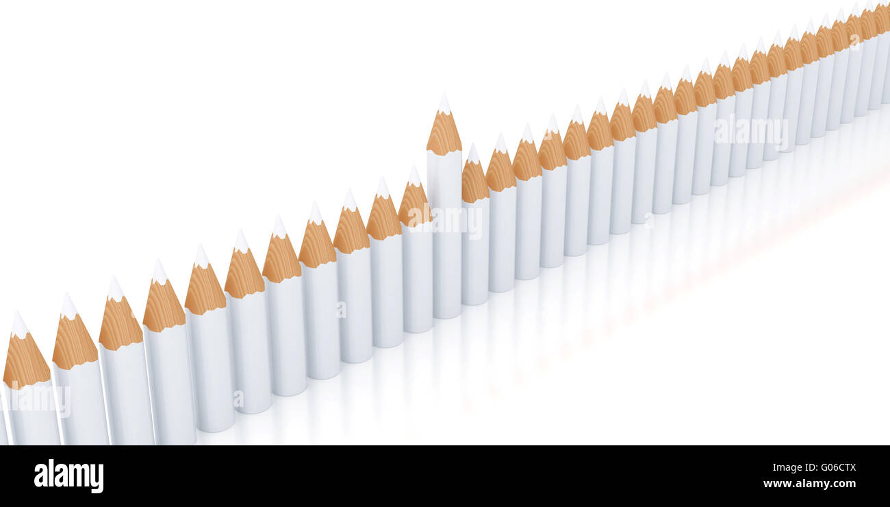 row of identical pencils on a white background Stock Photo