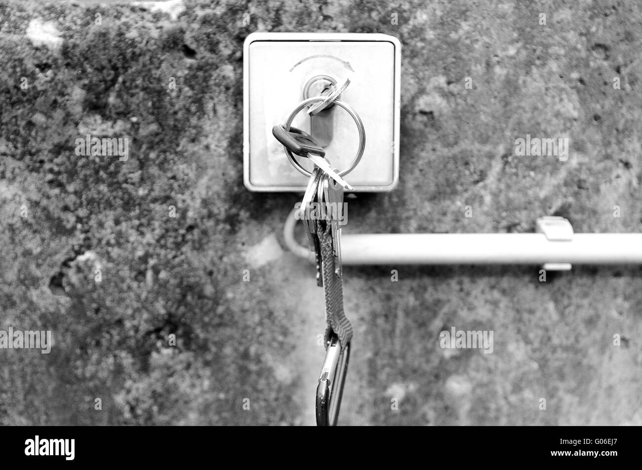 Key switch with key ring in black and white Stock Photo
