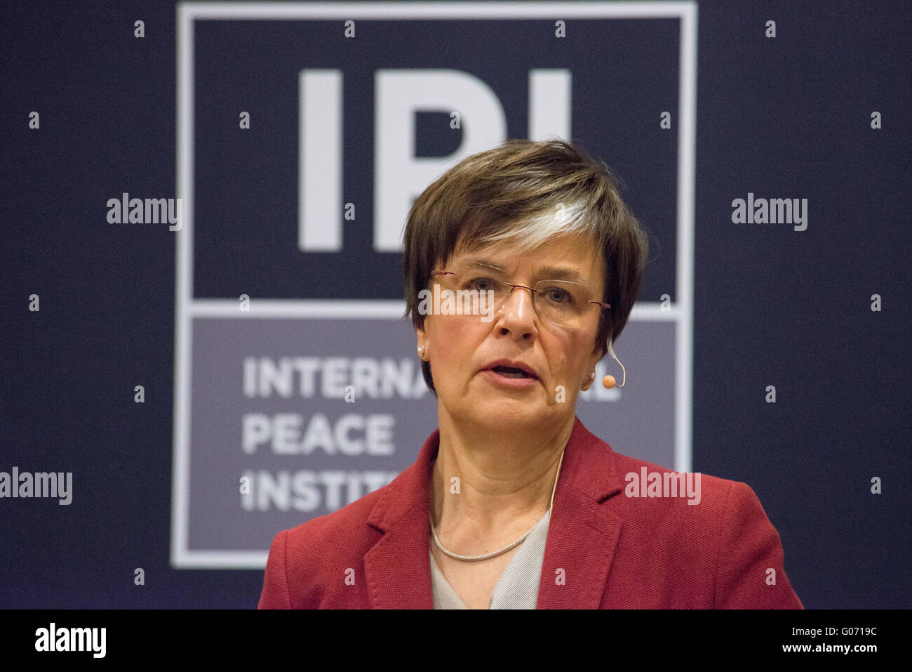 New York, United States. 29th Apr, 2016. Astrid Thors speaks to t he the International Peace Institute. At a discussion organized by the International Peace Institute, Astrid Thors, High Commissioner on National Minorities for the Organization for Security and Cooperation in Europe, spoke about current refugee- and migrant-related issues in Europe and efforts by the OSCE to assist in protecting the rights of displaced persons who have settled in Europe. © Albin Lohr-Jones/Pacific Press/Alamy Live News Stock Photo