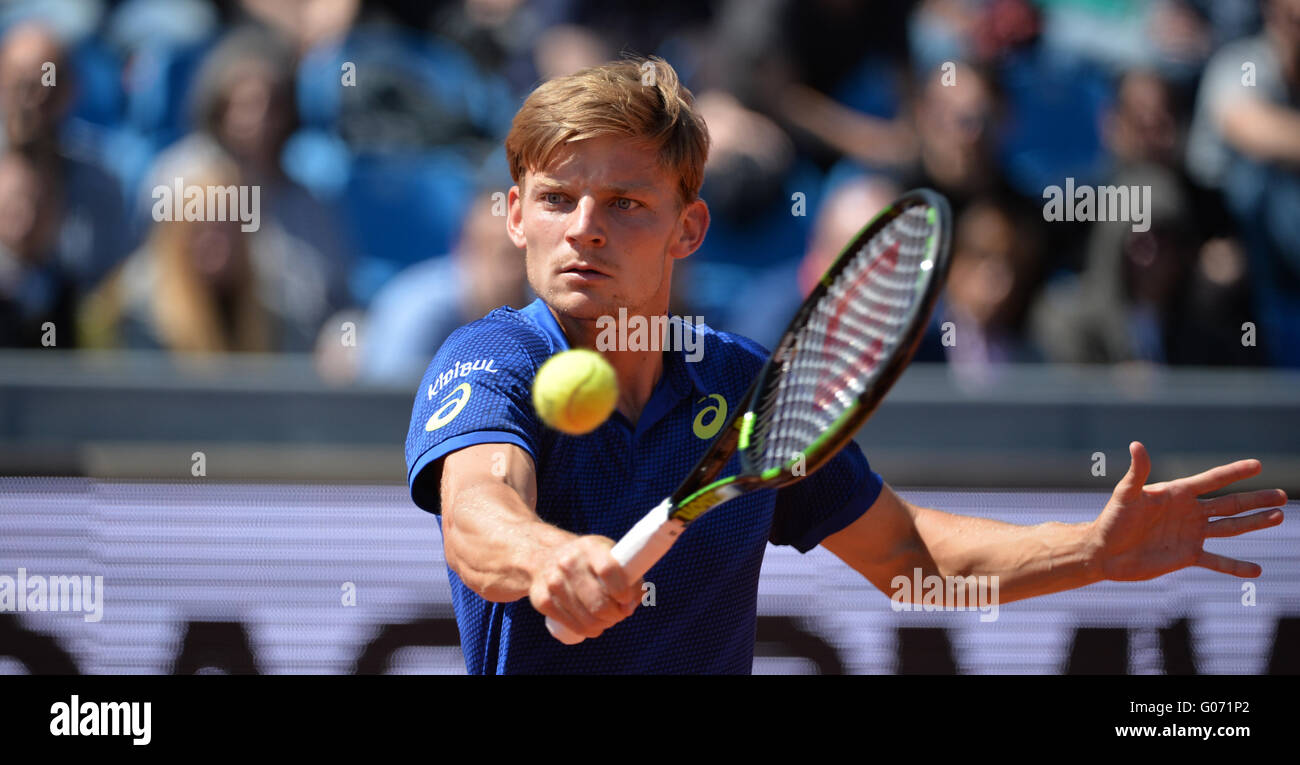 Munich, Germany. 29th Apr, 2016. David Goffin of Belgium plays against Zverev of Germany at the ATP Tennis Tournament in Munich, Germany, 29 April 2016. Photo: ANGELIKA WARMUTH/dpa/Alamy Live News Stock Photo