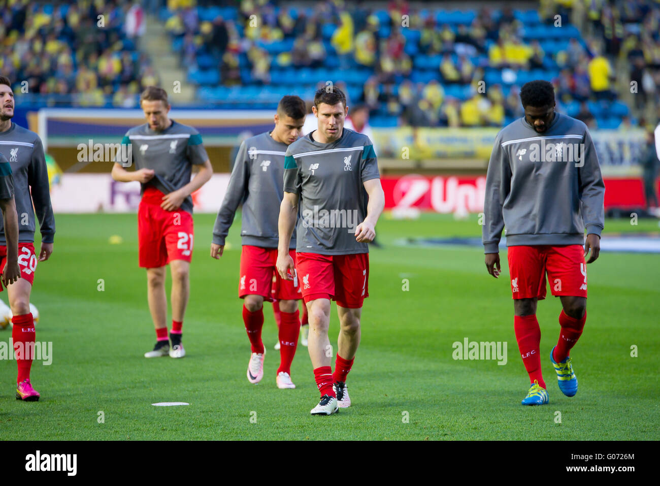 Villarreal, Spain. 28th April, 2016. James Milner warms up prior to the Europa League semifinal match between Villarreal CF and Liverpool FC at the El Madrigal Stadium on April 28, 2016 in Villarreal, Spain. Credit:  Christian Bertrand/Alamy Live News Stock Photo