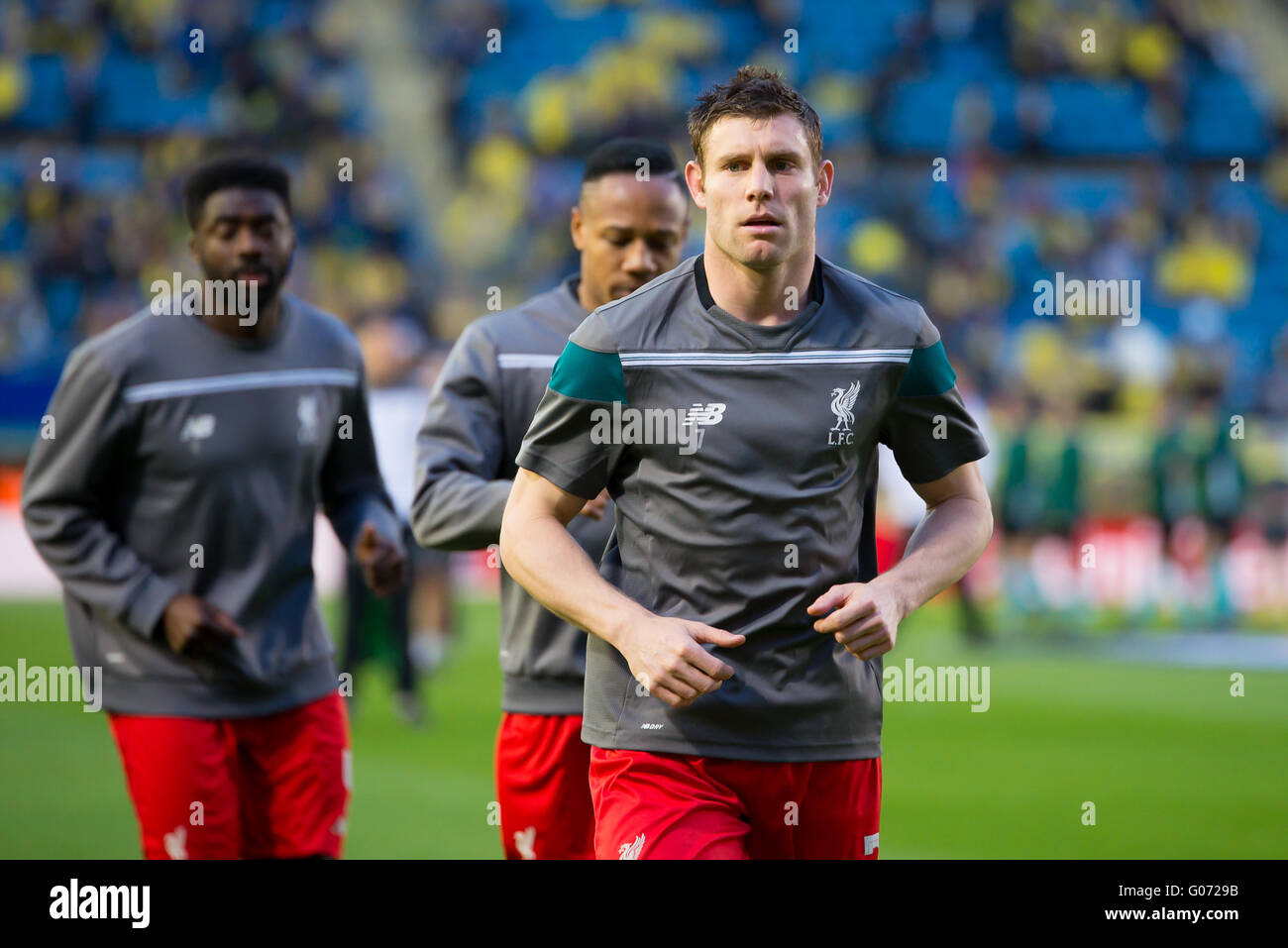 Villarreal, Spain. 28th April, 2016. James Milner warms up prior to the Europa League semifinal match between Villarreal CF and Liverpool FC at the El Madrigal Stadium on April 28, 2016 in Villarreal, Spain. Credit:  Christian Bertrand/Alamy Live News Stock Photo