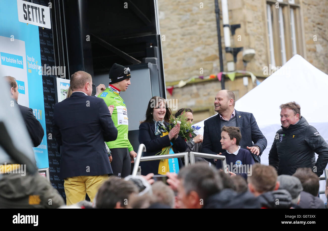 Settle, Yorkshire, UK. 29th April, 2016. Dylan Groenewegen winner of the first stage of the Tour de Yorkshire in Settle, UK, 29th April, 2016 Credit:  Barbara Cook/Alamy Live News Stock Photo