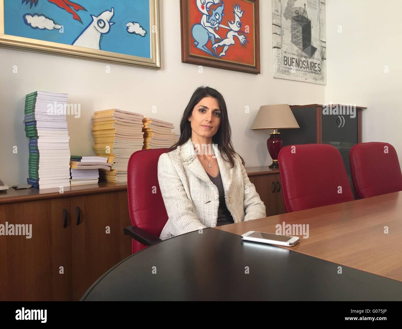 Rome, Italy. 20th Apr, 2016. Virginia Raggi, Five Star Movement (M5S) party candidate in the next mayoral elections in Rome, gives an interview in her office in Rome, Italy, 20 April 2016. Photo: ALVISE ARMELLINI/dpa/Alamy Live News Stock Photo